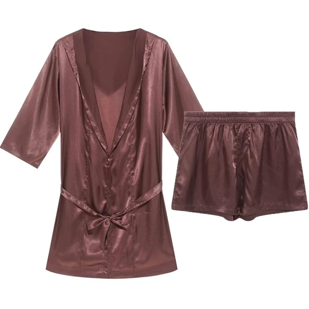 Men's Satin Hooded Robe - Brown - Picture 3 of 4